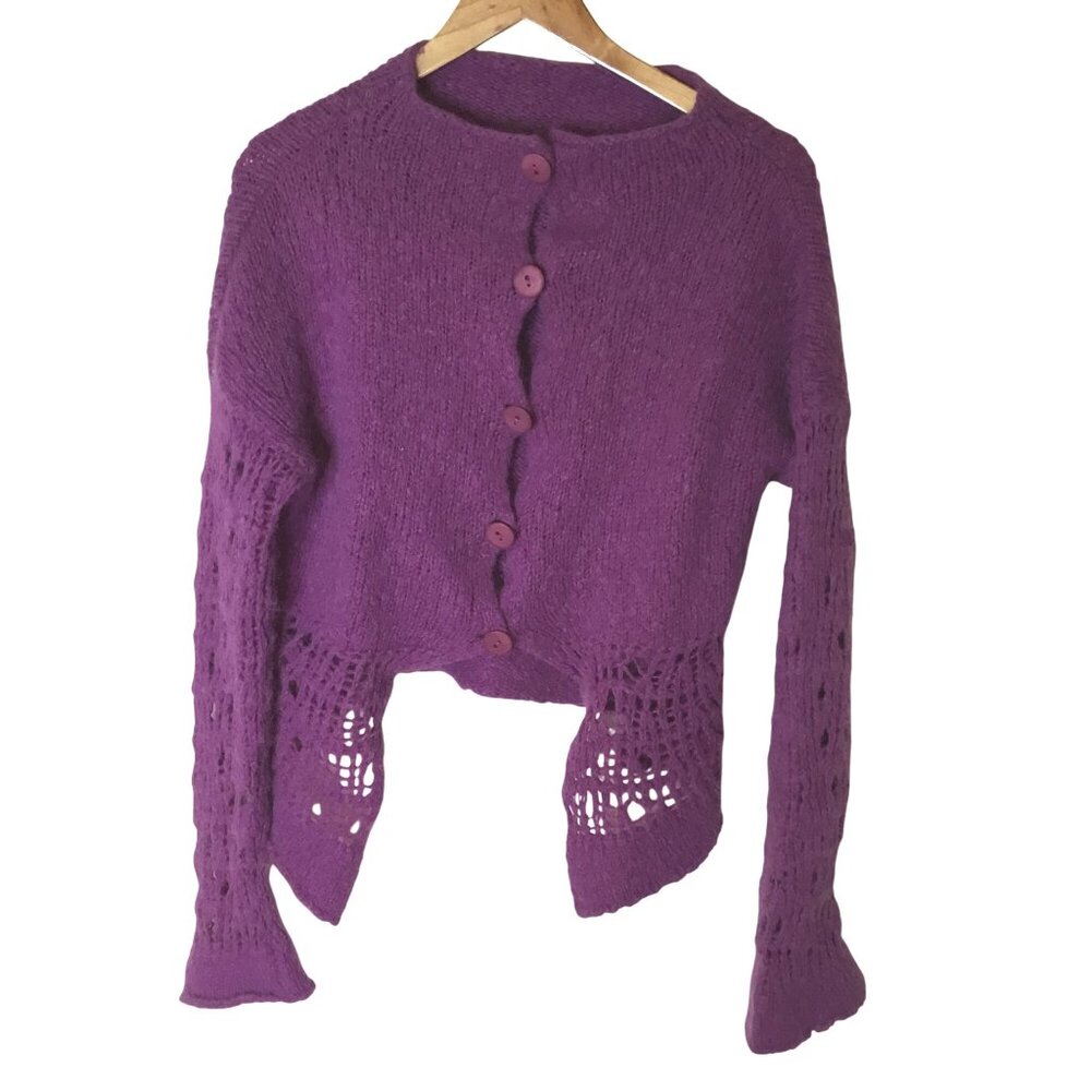 Hand Knit Cotton Blend Cardigan Purple Boho Gallery Asymmetrical Bell Sleeve M